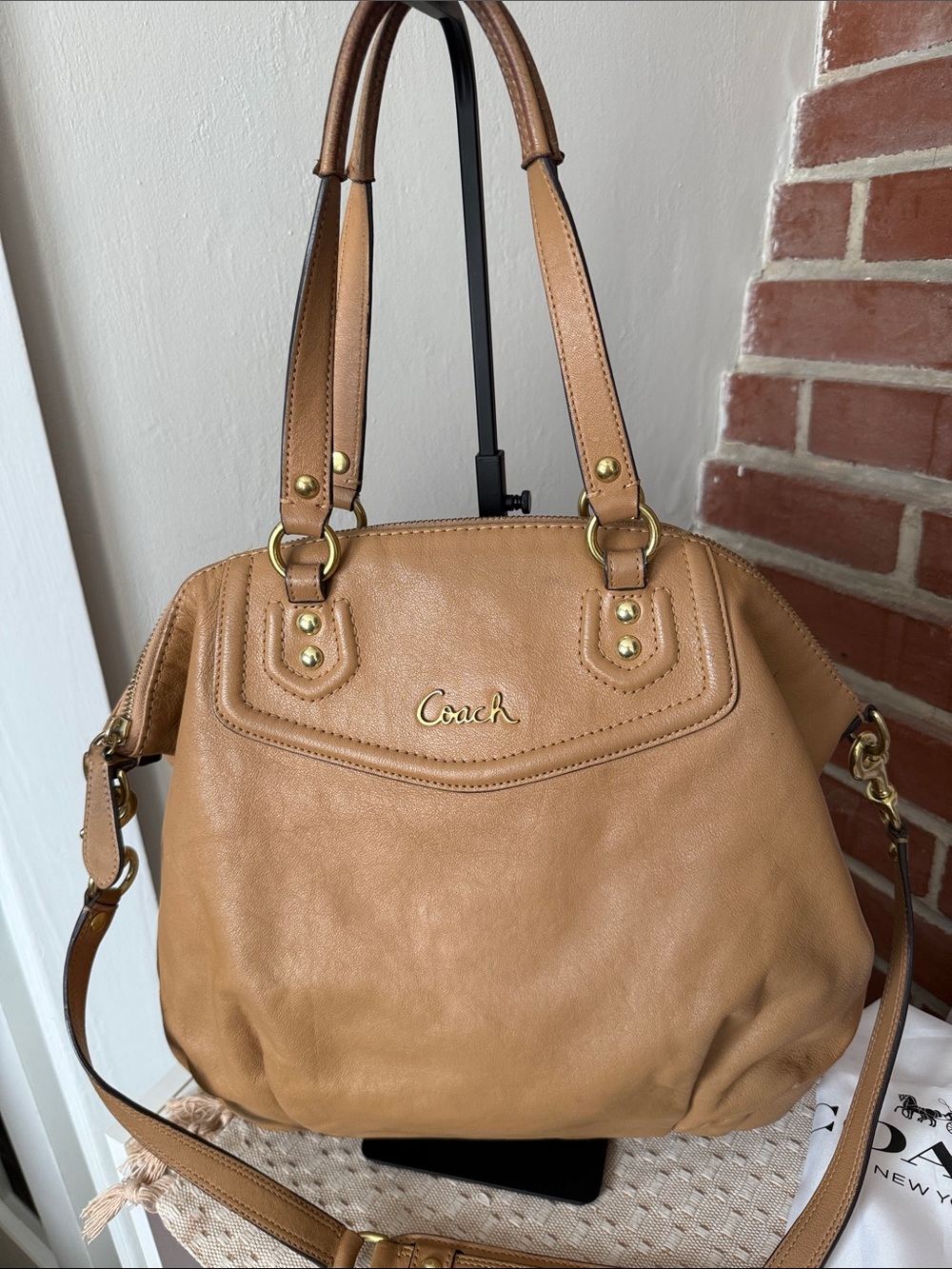 Coach Tan Leather Satchel with Gold Hardware